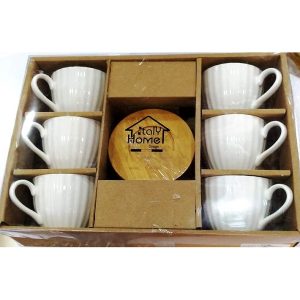 6 Tasses Cafés Blanche Et 6 Sous Tasse En Bois