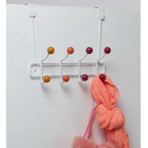 Porte-manteaux sans vis – 8 crochets blancs + billes orange